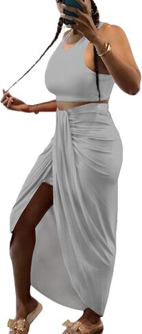 LYANER Women's 2 Piece Outfits Sleeveless Tank Crop Top and Wrap Split Slit Ruched Bodycon Midi Skirt in Saudi Arabia