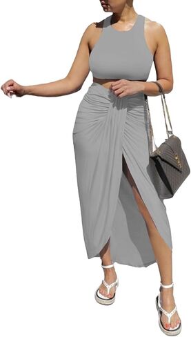 LYANER Women's 2 Piece Outfits Sleeveless Tank Crop Top and Wrap Split Slit Ruched Bodycon Midi Skirt in Saudi Arabia