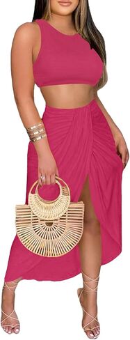 LYANER Women's 2 Piece Outfits Sleeveless Tank Crop Top and Wrap Split Slit Ruched Bodycon Midi Skirt in Kuwait