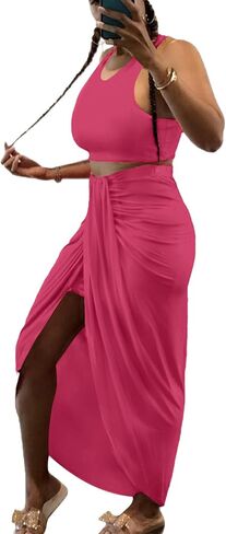 LYANER Women's 2 Piece Outfits Sleeveless Tank Crop Top and Wrap Split Slit Ruched Bodycon Midi Skirt in Kuwait