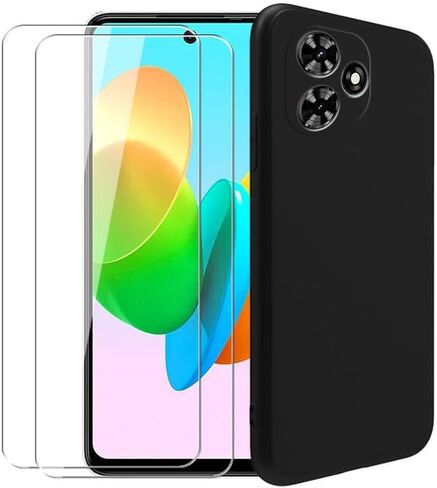 Case for Tecno Spark Go 2024 + Glass Screen Protector Tempered Film - Transparent Silicone Soft Flexible Bumper Shockproof TPU Protective Cover Shell for Tecno Spark Go 2024 (Black) in Saudi Arabia