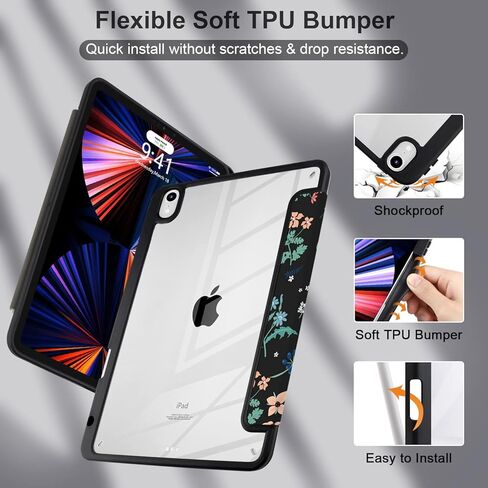 Batianda Case for 2022 iPad 10th Generation 10.9 inch [Built-in Pencil Holder] Shockproof Cover with Clear Transparent Back Shell TPU Bumper Auto Sleep/Wake, Flowers in Saudi Arabia