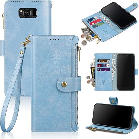Antsturdy for Samsung Galaxy S8+ / S8 Plus Wallet case with Card Holder Women Men,Galaxy S8+ / S8 Plus Phone case RFID Blocking PU Leather Flip Cover Wrist Strap Zipper Credit Card Slots,Sky Blue in Kuwait