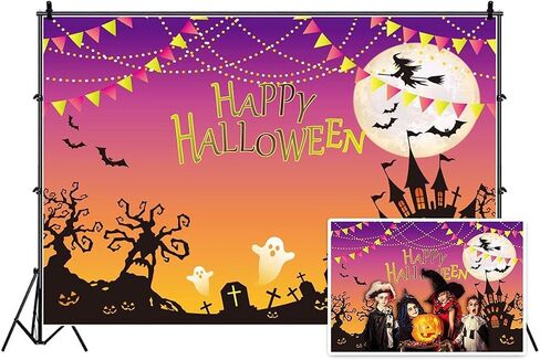 AOFOTO 10x7ft Happy Halloween Backdrop Scary Haunted Castle Horror Graveyard Photography Background Cross Cemetery Sorceress Ghost Gravestone Witch Grimace Pumpkin Bat Moon Night Party Banner Props in Saudi Arabia