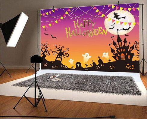 AOFOTO 10x7ft Happy Halloween Backdrop Scary Haunted Castle Horror Graveyard Photography Background Cross Cemetery Sorceress Ghost Gravestone Witch Grimace Pumpkin Bat Moon Night Party Banner Props in Saudi Arabia