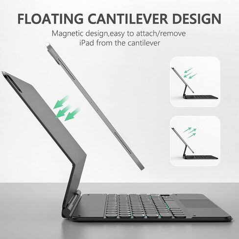 حافظة لوحة مفاتيح مغناطيسية بحامل ناتئ عائم متوافقة مع iPad Pro 12.9، حافظة iPad مع اختصارات iPadOS، لوحة تتبع متعددة اللمس، إضاءة خلفية 7 ألوان، بطارية 800 مللي أمبير، اتصال بلوتوث 5.2 (أسود) in Saudi Arabia