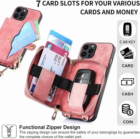 Phone Case for iPhone 14 Pro 6.1 inch Zipper Wallet Cover with Credit Card Holder Slot Shoulder Crossbody Strap Long Lanyard Leather Cell iPhone14Pro 5G i i-Phone i14 iPhone14 14Pro Women Girls Blue in Kuwait