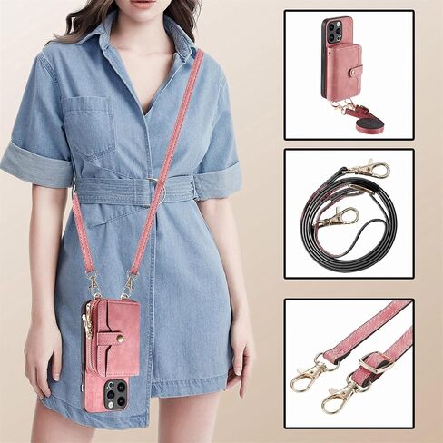 Phone Case for iPhone 14 Pro 6.1 inch Zipper Wallet Cover with Credit Card Holder Slot Shoulder Crossbody Strap Long Lanyard Leather Cell iPhone14Pro 5G i i-Phone i14 iPhone14 14Pro Women Girls Blue in Kuwait