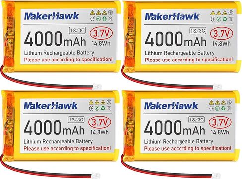 بطارية ليبو 3.7 فولت 4000 مللي أمبير في الساعة من MakerHawk قابلة لإعادة الشحن 1S 3C بطارية ليثيوم بوليمر مع شريط مطاطي معزول ولوحة حماية، قابس Micro JST 1.25 للوحة تطوير Arduino ESP32 (4 عبوات) in Saudi Arabia
