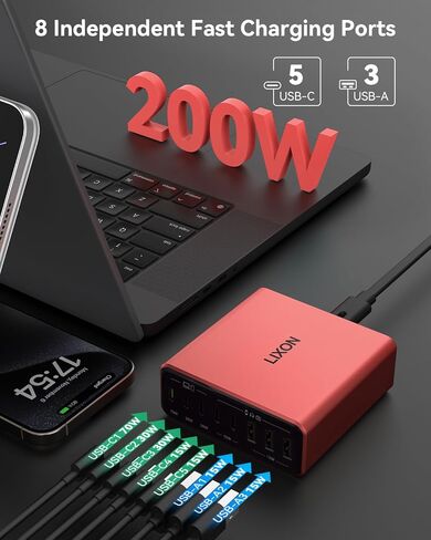 كتلة شاحن USB C، 200 واط 8 منافذ Gan محطة شحن سريعة محور الطاقة، PD PPS 65 واط 30 واط، محول كمبيوتر محمول متعدد المنافذ لجهاز MacBook Pro/Air iPad iPhone Dell Surface Galaxy، سلك تمديد قابس مسطح بطول 6 أقدام in Saudi Arabia