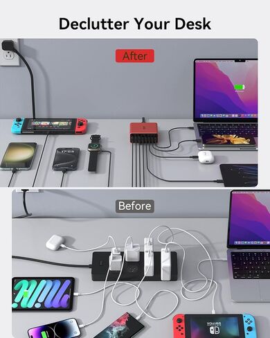 كتلة شاحن USB C، 200 واط 8 منافذ Gan محطة شحن سريعة محور الطاقة، PD PPS 65 واط 30 واط، محول كمبيوتر محمول متعدد المنافذ لجهاز MacBook Pro/Air iPad iPhone Dell Surface Galaxy، سلك تمديد قابس مسطح بطول 6 أقدام in Saudi Arabia