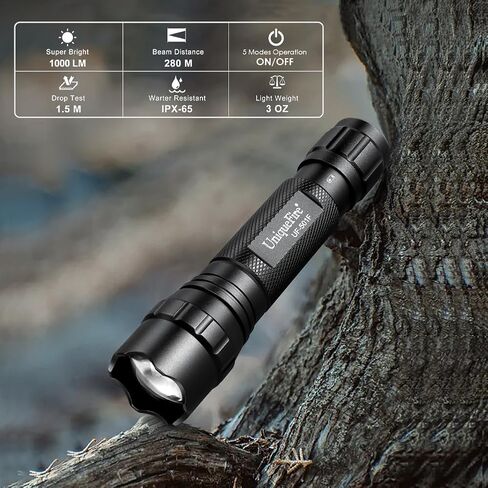 UniqueFire 501F مصباح يدوي تكتيكي صغير مع الحافظة، 5 أوضاع مصباح LED صغير قابل للتكبير مصباح يدوي عالي التجويف مع IPX-65 مصباح يدوي EDC مقاوم للماء ضوء فلاش ساطع للاستخدام اليومي في حالات الطوارئ in Kuwait