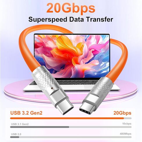 Liquid Silicone USB 3.2 Gen2 20Gbps Cable 10FT, Soft Chubby USB C to USB C 4K@60Hz Video PD 100W Type C Cord for Thunderbolt 3, iPad/iPhone 15/Pro, MacBook, Galaxy (Orange) in Saudi Arabia