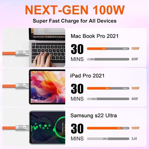 Liquid Silicone USB 3.2 Gen2 20Gbps Cable 10FT, Soft Chubby USB C to USB C 4K@60Hz Video PD 100W Type C Cord for Thunderbolt 3, iPad/iPhone 15/Pro, MacBook, Galaxy (Orange) in Saudi Arabia