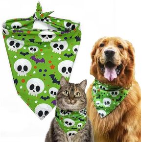 Halloween Cat Bandana Green Skull Bat Premium Durable Fabric Double Layers Triangle Reversible Holiday Dog Scarf Halloween Thanksgiving Dog Bandana for Small Medium Large Dogs and Cats