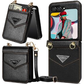 Crossbody Wallet Phone Case for Samsung Galaxy Z Flip 6/ Galaxy Z Flip 5 with Card Holder, Removable Long Strap Lanyard Leather Shockproof Cover Case for Samsung Galaxy Z Flip6. CT-Black