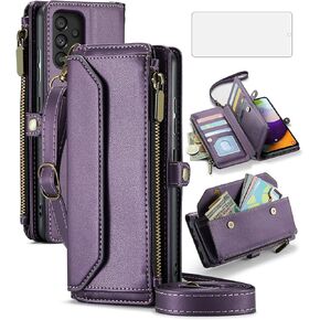 Asuwish Phone Case for Samsung Galaxy A52/A52S 5G Zipper Wallet Cover with Tempered Glass Screen Protector and Flip RFID Blocking Card Holder Stand TPU Cell A 52 S 4G G5 52A S52 52S Women Girls Purple