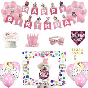 Dog Birthday Decorations, Dog Birthday Bandana Girl Dog Birthday Party Supplies Pink Hat Crown Bow Happy Birthday Banner Balloons for Small Girl Dog Birthday
