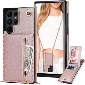 Crossbody Wallet Case for Samsung Galaxy S22 Ultra (Not S22) with Card Holder, Purse Cover Removable Cross Body Strap for Samsung Galaxy S22 Ultra 5G Zipper Case Red