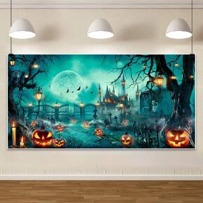 ChloropLastid 20x10ft Scary Castle Graveyard Backdrop Halloween Full Moon Pumpkin Spooky Bats Cemetery Background for Photography Halloween Party Decorations Banner Supplies Photo Booth Props