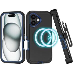 Compatible with iPhone 16 Case, with Belt Clip Holster Heavy Duty Rugged Shockproof Magnetic Wireless Charging Full Body Protection Kickstand Cover for iPhone 16 6.1 inch Phone (Black)