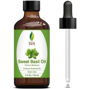 SVA Sweet Basil Oil 4 Oz - 100% Pure, Natural, Premium Therapeutic Grade for Healthy Skin, Nourished Hair, Deep Body Massage, Diffuser & Aromatherapy