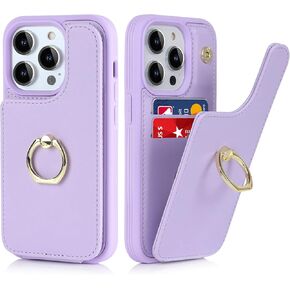 Elteker Phone Case Compatible with iPhone 13 Pro Max Case with Card Holder,Wallet Case with Finger Ring RFID Blocking Case for iPhone 13 Pro Max - Purple