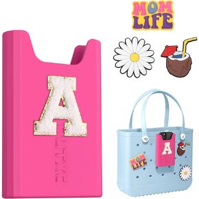 OUTXE Bogg Bag Accessories Phone Holder with Letter Charms, Silicone Cell Phone Holder Compatible with All Bogg Bags, Mom Life Bogg Bag Charms Accessories Set for Beach Tote Bags, Letter R Hot Pink