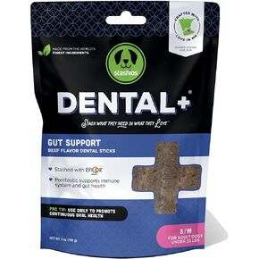 Dental+ Sticks للكلاب التي يقل وزنها عن 35 رطلاً - دعم الأمعاء، مع مرق عظام البقر، طبيعي بالكامل، EpiCor postbiotic، صنع في الولايات المتحدة الأمريكية، Dental+ Bag، S/M - 7 أونصة.