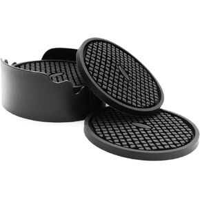 IYYI Silicone Coasters Set of 6, Drink Coasters with Holder, Non-Slip Cup Mat, Deep Tray Absorbent Coaster, Heat Resistant Countertop Protection (Black-Square)