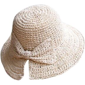 Straw Sun Hat Foldable Packable Wide Brim Summer Beach Hat Crochet Hat with Bowknot for Women Girls