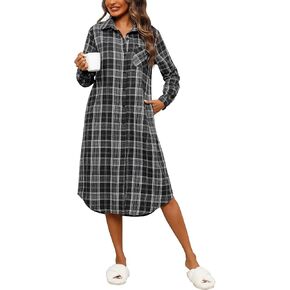 Ekouaer Women's Nightgown Plaid Flannel Warm Cotton Christmas Nightgown Sleep Shirt Button-Front Nightshirt Sleepwear