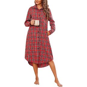 Ekouaer ثوب نوم نسائي منقوش من الفلانيل دافئ قطن عيد الميلاد ثوب نوم قميص نوم بأزرار أمامية قميص نوم ملابس نوم in Kuwait