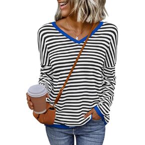 LILLUSORY Womens Long Sleeve Sweaters V Neck Striped Color Block Drop Shoulder Pullover Clothes