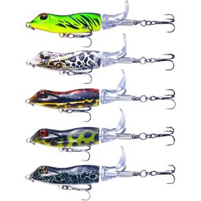 Top Water Fishing Lures with Storage Box, Whopper Popper Fishing Lure for Bass Catfish Pike Perch, Floating Frog Lure with Rotating Tail Freshwater or Saltwater