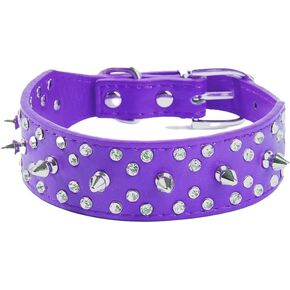 Rhinestones Dog Collar, Stylish Leather Dog Collar, with Bullet Rivets and Rhinestones, Soft and Adjustable for Medium and Large Dogs (M:16-19", Pink)
