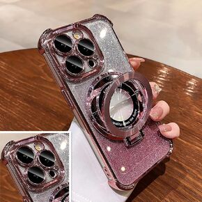 for iPhone 16 Pro Max Magnetic Kickstand Glitter Case,Four Corners Shockproof [Compatible with MagSafe] Luxury Bling with Camera Lens Protector Women Girls Plating Cover Case,Purple