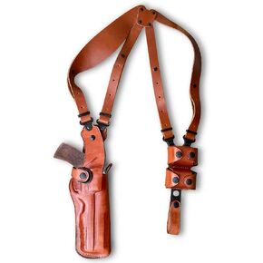 Premium Leather Vertical Shoulder Holster System with Double Speed Loader, for Chiappa Rhino 60DS 357 Mag/9mm 6'' Barrel, Right Hand Draw, Brown Color #1266#