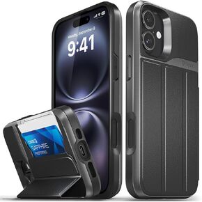 VENA vCommute for iPhone 16 Plus Wallet Case, [Military Grade Drop Protection] Flip Leather Cover Slot Card Holder with Kickstand - Black