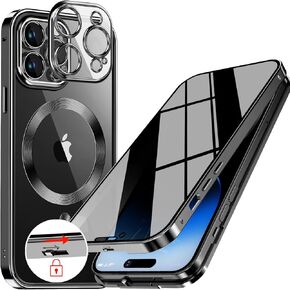 [CD Metal Ring & Automatic Pop-up Lock Magnetic Privacy Case for iPhone 16 Pro Max [Compatible with MagSafe] [Integrated Lens Protection] Full Body Bumper Cover with Built-in 9H Glass-Gold