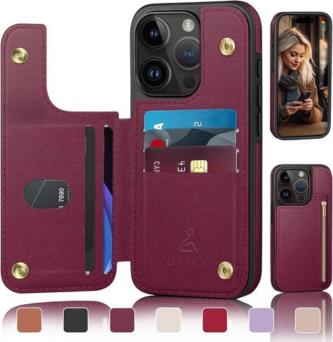 for iPhone 13 Pro Max 6.7" Wallet Phone Case with Card Holder[RFID Blocking Leather Protection][Back Flip Magnetic Clasp Zipper Cases] Shockproof Women Men Cover for Apple 13 ProMax Wine Red in Saudi Arabia