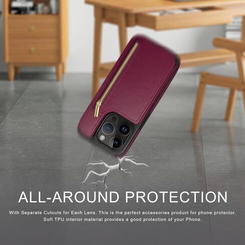 for iPhone 13 Pro Max 6.7" Wallet Phone Case with Card Holder[RFID Blocking Leather Protection][Back Flip Magnetic Clasp Zipper Cases] Shockproof Women Men Cover for Apple 13 ProMax Wine Red in Saudi Arabia