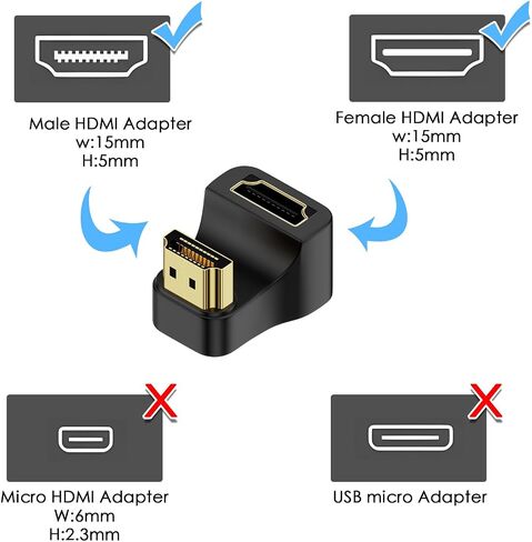 محول QIANRENON HDMI 2.1 زاوية فائقة الدقة على شكل حرف U 8K HDMI ذكر إلى أنثى مقبس موصل عرض زاوية 180 درجة، 8K@60 هرتز UHD2.1 ثلاثي الأبعاد، لجهاز الكمبيوتر المحمول وجهاز عرض HDTV، قطعتان (عكسي) in Saudi Arabia