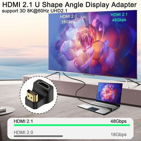 محول QIANRENON HDMI 2.1 زاوية فائقة الدقة على شكل حرف U 8K HDMI ذكر إلى أنثى مقبس موصل عرض زاوية 180 درجة، 8K@60 هرتز UHD2.1 ثلاثي الأبعاد، لجهاز الكمبيوتر المحمول وجهاز عرض HDTV، قطعتان (عكسي) in Saudi Arabia