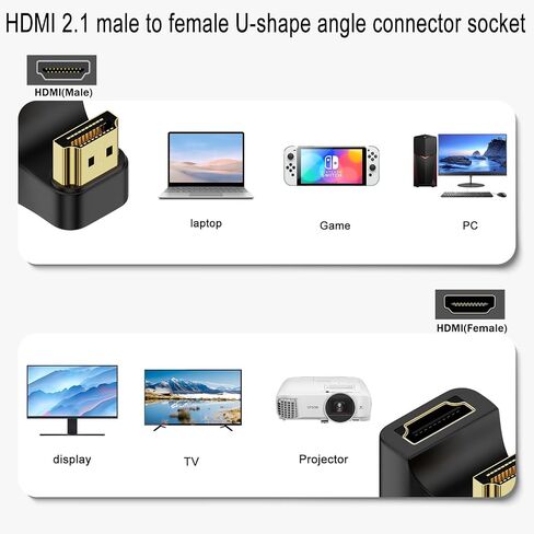 محول QIANRENON HDMI 2.1 زاوية فائقة الدقة على شكل حرف U 8K HDMI ذكر إلى أنثى مقبس موصل عرض زاوية 180 درجة، 8K@60 هرتز UHD2.1 ثلاثي الأبعاد، لجهاز الكمبيوتر المحمول وجهاز عرض HDTV، قطعتان (عكسي) in Saudi Arabia