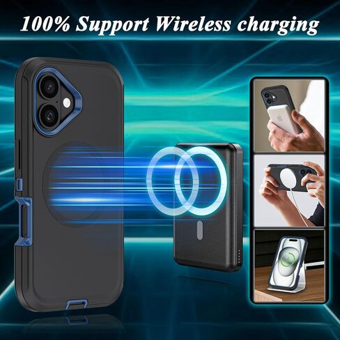 متوافق مع حافظة iPhone 16، مع حافظة بمشبك حزام شديدة التحمل ومضادة للصدمات وشحن لاسلكي مغناطيسي لحماية كامل الجسم لهاتف iPhone 16 مقاس 6.1 بوصة (أسود) in Kuwait