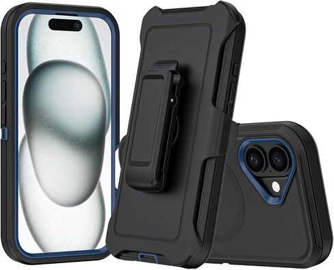 متوافق مع حافظة iPhone 16، مع حافظة بمشبك حزام شديدة التحمل ومضادة للصدمات وشحن لاسلكي مغناطيسي لحماية كامل الجسم لهاتف iPhone 16 مقاس 6.1 بوصة (أسود) in Kuwait