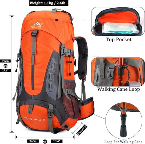 YFREAL 60L Travel Hiking Camping Backpack with Rain Cover and 2 Carebiners,Backpack Water Resistant,Climbing Backpack for Men Women (BLACK) in Kuwait