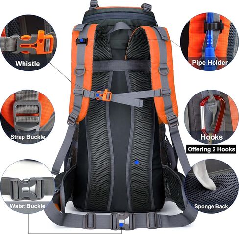 YFREAL 60L Travel Hiking Camping Backpack with Rain Cover and 2 Carebiners,Backpack Water Resistant,Climbing Backpack for Men Women (BLACK) in Kuwait