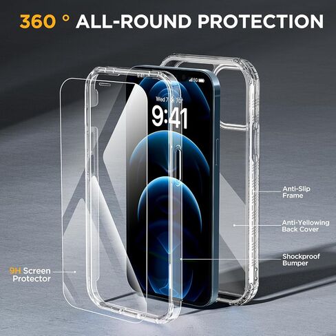 Designed for iPhone 12 Case and iPhone12 Pro Case, [Never Yellowing], 2 X 9H Screen Protector, Shockproof Protection Full-Body Bumper Phone Case Cover for 12/12 Pro (Dark Blue) in Saudi Arabia